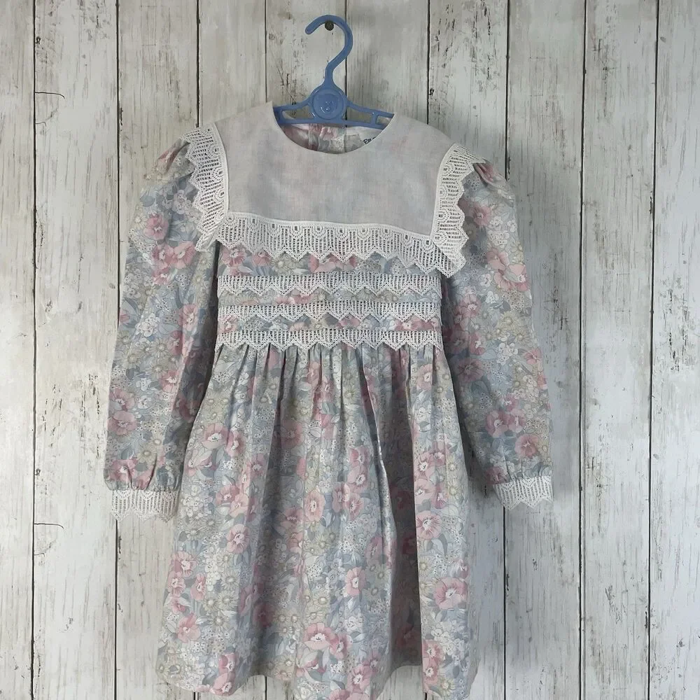 Vtg Polly Flinders Bib Collar w/ Lace Girls Sz 6 Pastel Floral Dress Cottagecore
